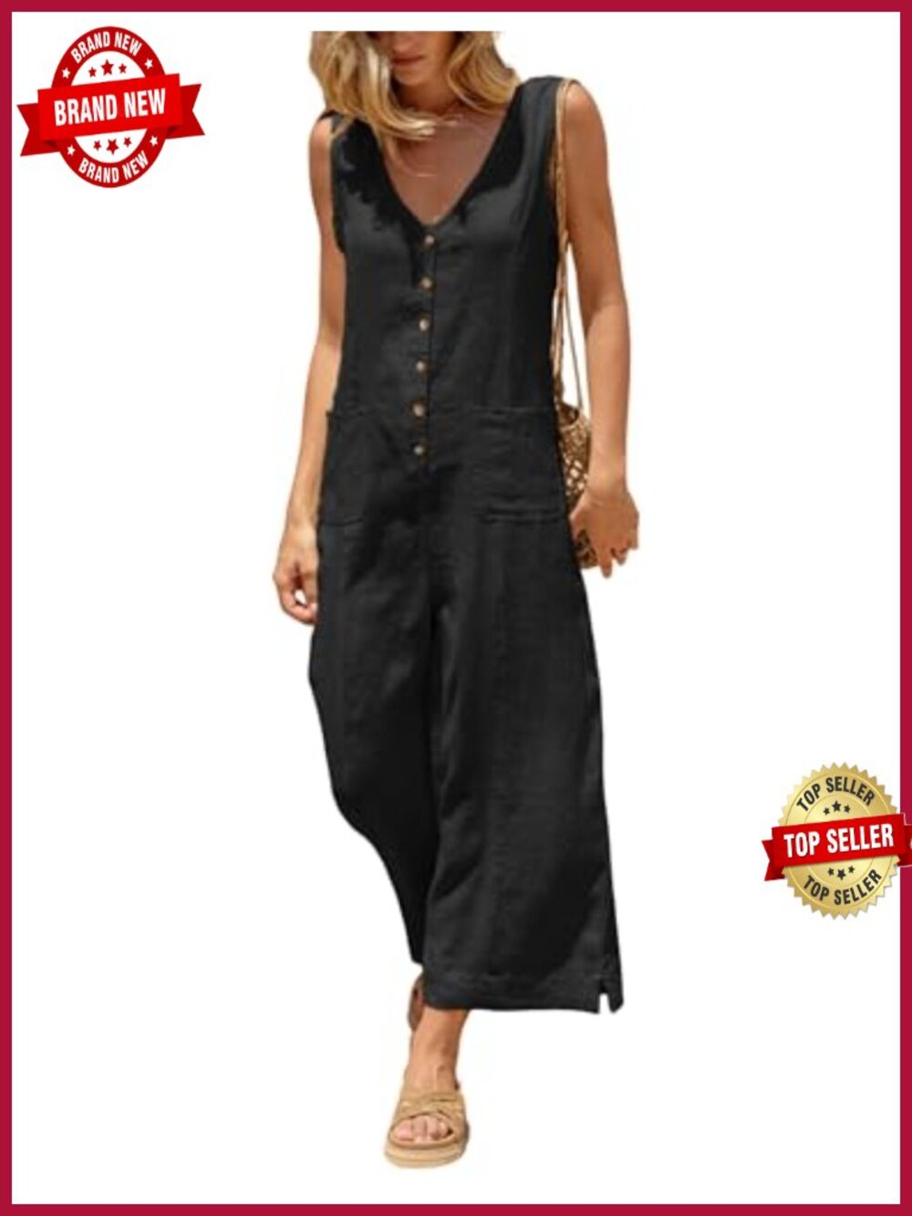Women's Cotton Linen Jumpsuit V-Neck Button Up Casual Overalls Wide Leg